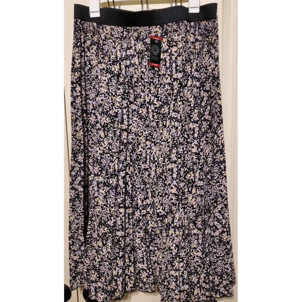 Vince Camuto Pleated Midi Skirt Floral Print Black/Yellow/Lavender Size XL - NWT
